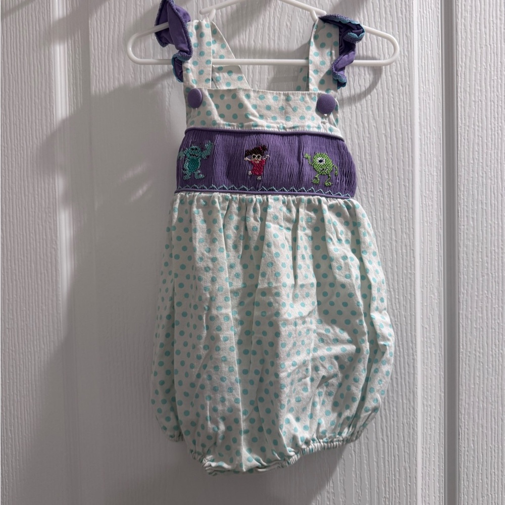 Girls Polka Dot Bubble Romper with Monster inc smock - Purple & Aqua